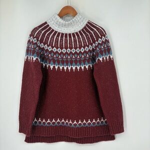 L.L .Bean Signature Fair Isle Mock Neck Sweater Burgundy White Size Medium